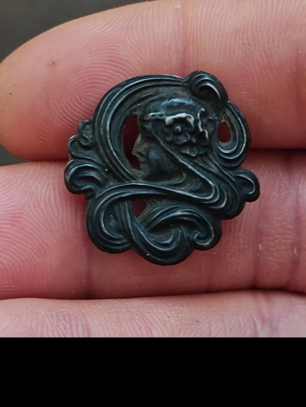 Antique 1900s Sterling Silver (Front) Maiden Swirling Hair Arabesque Pin